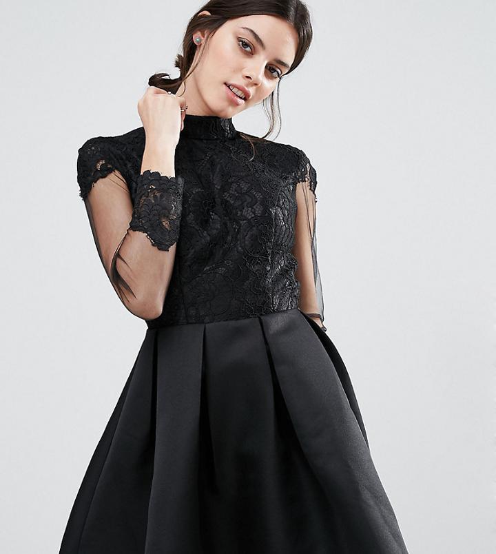 Chi Chi London Petite High Neck Lace Bodice Long Sleeve Prom Dress - Black