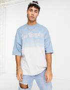 Asos Design Oversized T-shirt In Gray And Blue Dip Dye With Los Angeles City Print-navy