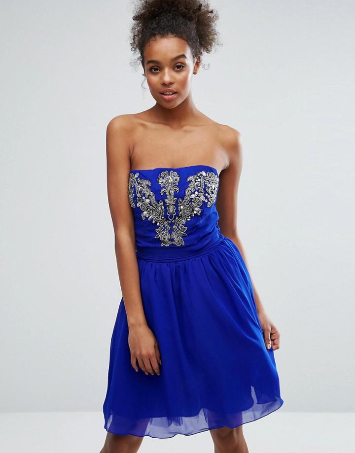 Little Mistress Blue Embellished Bandeau Mini Prom Dress - Blue