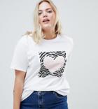 Asos Design Curve T-shirt With Zebra Print And Fluffy Heart In White - White