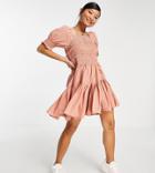 Asos Design Petite Square Neck Shirred Raw Edge Mini Skater Dress In Dusky Pink