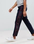 Asos Slim Crop Smart Pants With Velvet Check Side Stripe - Navy