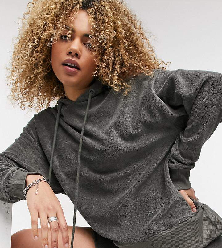 Collusion Oversized Terrycloth Hoodie Set In Charcoal-grey