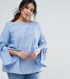 Unique 21 Hero Plus Off The Shoulder Blouse With Fluted Sleeves In Stripe - Blue
