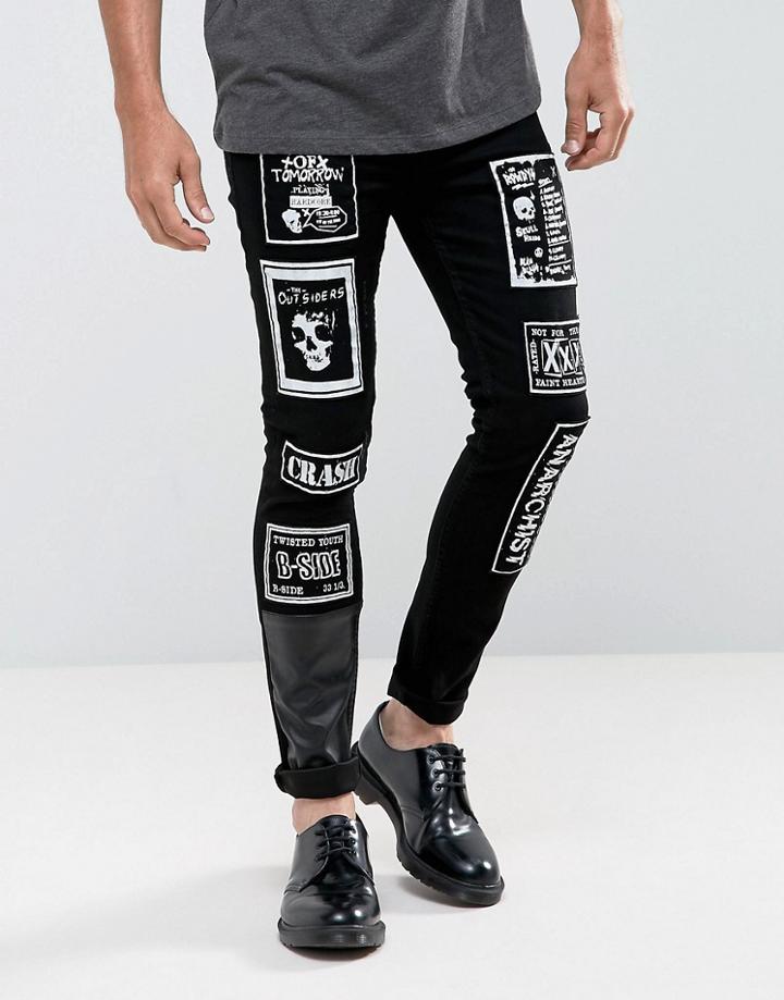 Asos Super Skinny Jeans In Black With Punk Patches - Black