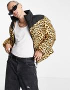 Asos Design Puffer Jacket In Leopard Print With Contrast Panel-gold