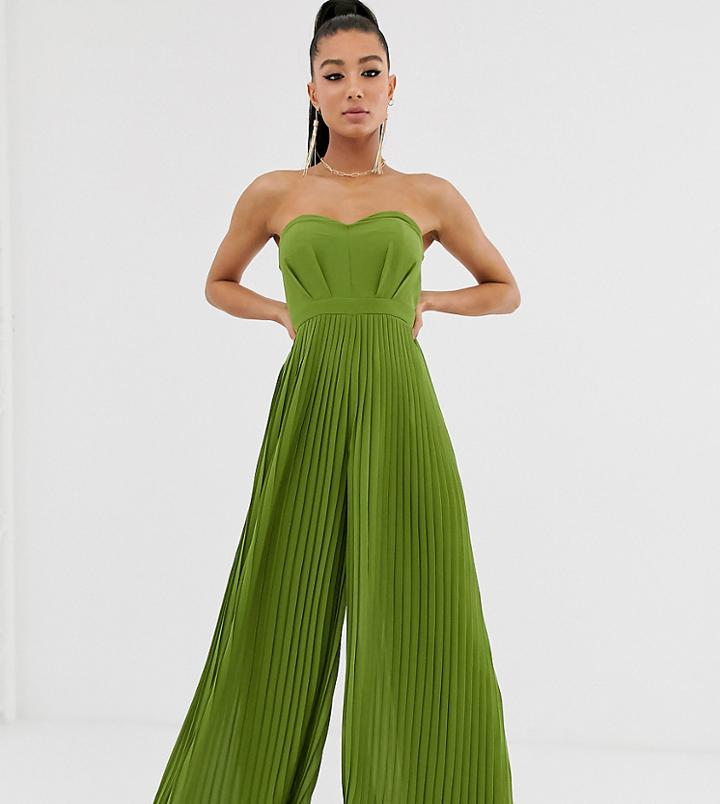 Tfnc Bandeau Pleated Wide Leg Jumpsuit In Khaki-green