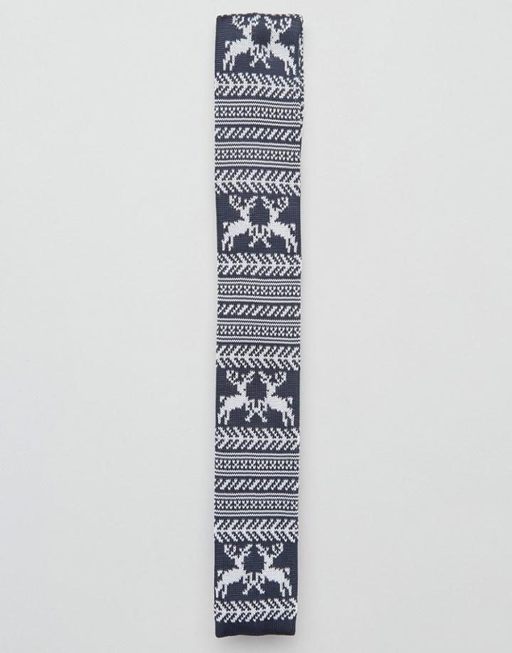 Asos Knitted Holidays Tie In Navy With Reindeer Design - Navy