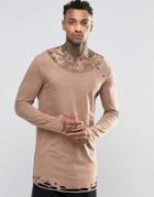 Asos Longline Long Sleeve T-shirt With Distressed Hem - Brown