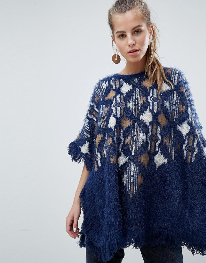 Oeuvre Patterned Poncho Sweater With Fringe Detail - Blue