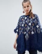 Oeuvre Patterned Poncho Sweater With Fringe Detail - Blue