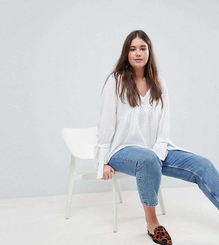 Boohoo Plus Tie Cuff Smock Blouse - White
