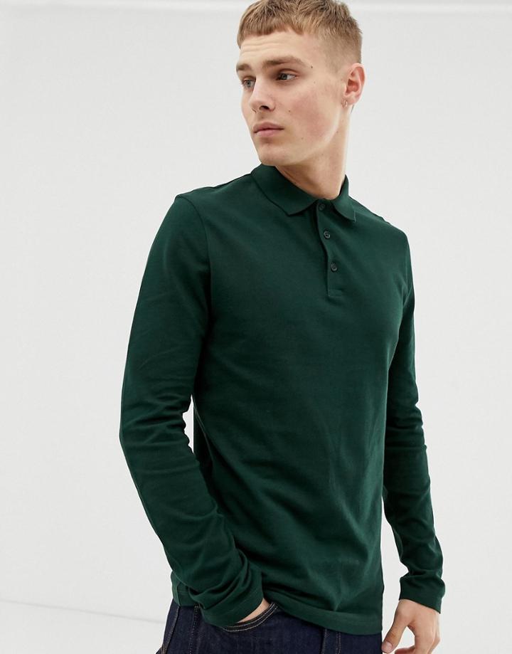 Asos Design Long Sleeve Pique Polo In Green - Green