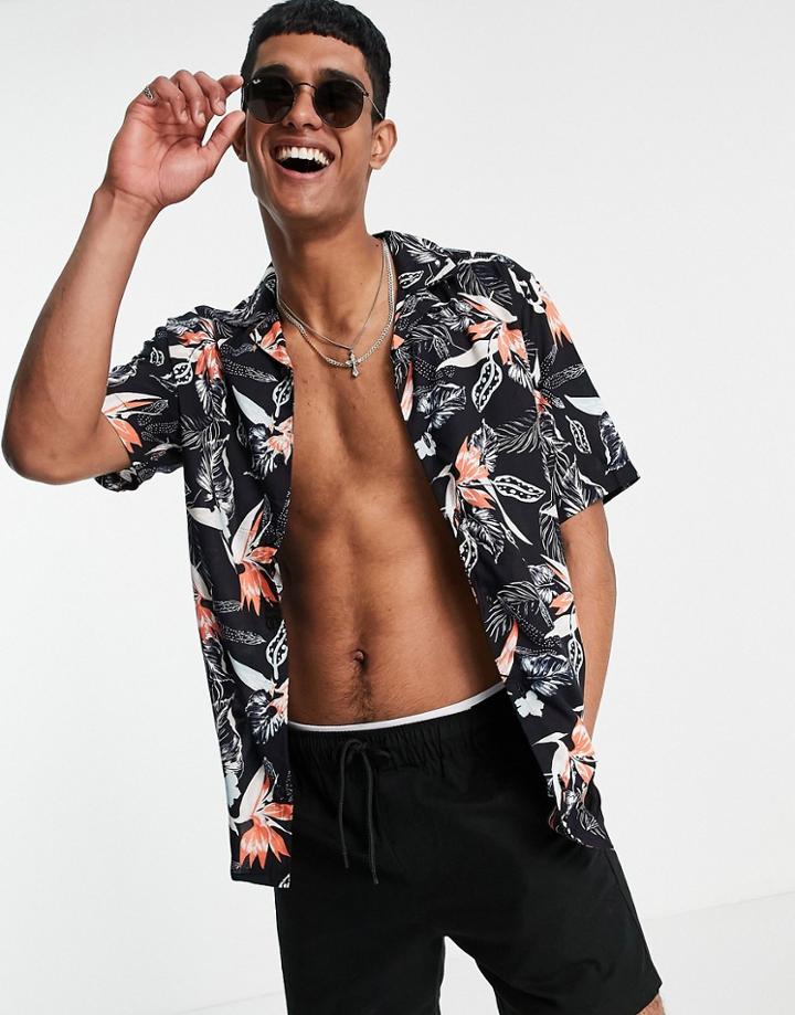 Only & Sons Short Sleeve Shirt With Revere Collar In Black Floral Print