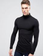 Asos Longline Muscle Long Sleeve T-shirt With Roll Neck - Black