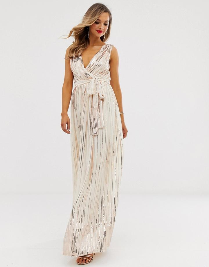 City Goddess Sequin Chiffon Wrap Maxi Dress-gold