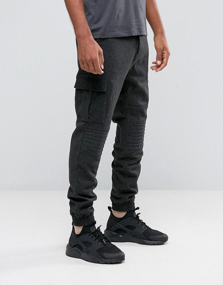 Black Kaviar Biker Cargo Pants In Wool With Elasticated Cuffs - Gray