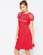 Little Mistress Fit And Flare Dress With Cage Sleeve Detail - Watermelon