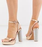 Asos Design Wide Fit Nutshell Embellished Platform Barely There Heeled Sandals In Rose Gold