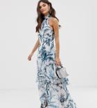 Asos Design High Neck Maxi Dress In Crinkle Chiffon Palm Print - Multi