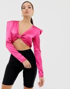 Boohoo Satin Knot Front Open Back Crop Top In Hot Pink - Pink
