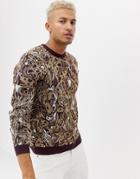 Asos Design Knitted Sweater With Leopard Design In Metallic Yarn - Gold