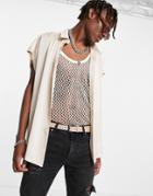 Asos Design Satin Shirt With Cap Sleeve In Champagne-white