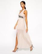 Tfnc Plunge Neck Maxi Dress With Embellished Waist - Nude