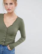 Asos Design V Neck Top In Rib With Button Front And Long Sleeve-green
