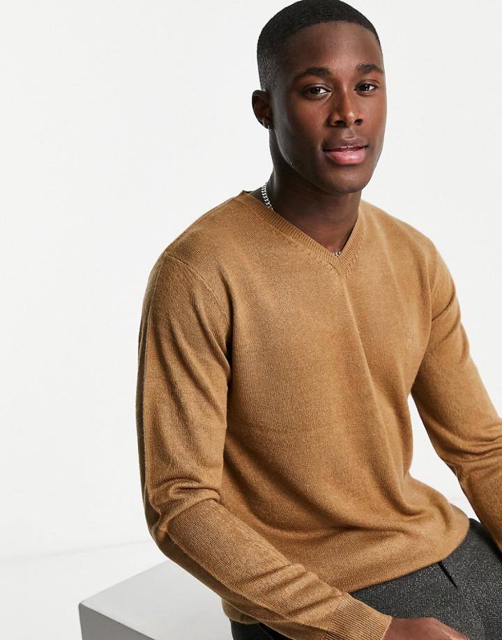 French Connection Soft Touch Logo V-neck Sweater In Camel-neutral
