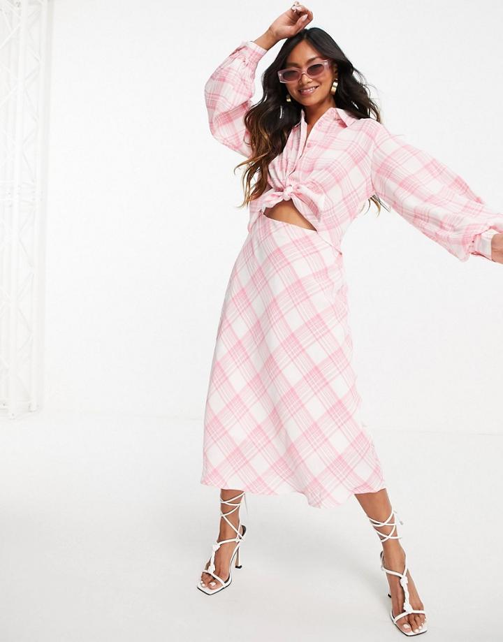 Lost Ink Midaxi Shirt Dress With Tie Front In Neon Plaid-pink