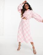 Lost Ink Midaxi Shirt Dress With Tie Front In Neon Plaid-pink