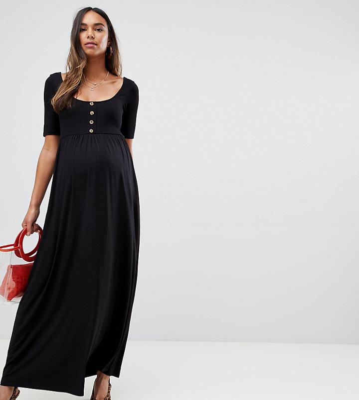 Asos Design Maternity Mixed Fabric Maxi Dress With Button Front-black