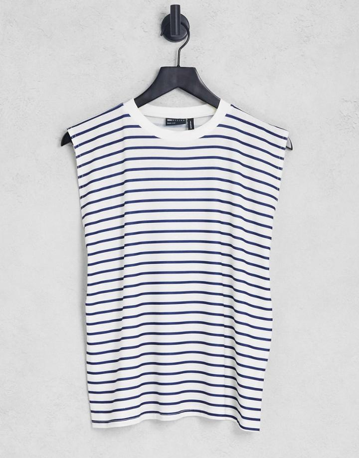 Asos Design Oversized T-shirt With Roll Sleeve In Ecru And Navy Stripe-multi