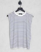 Asos Design Oversized T-shirt With Roll Sleeve In Ecru And Navy Stripe-multi