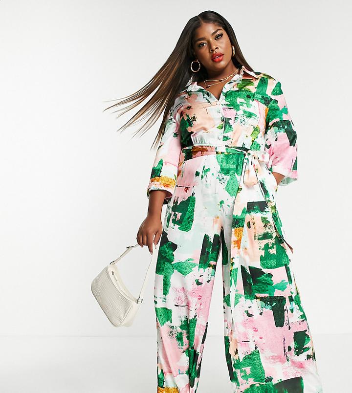 Liquorish Curve Shirt Jumpsuit In Abstract Print-multi