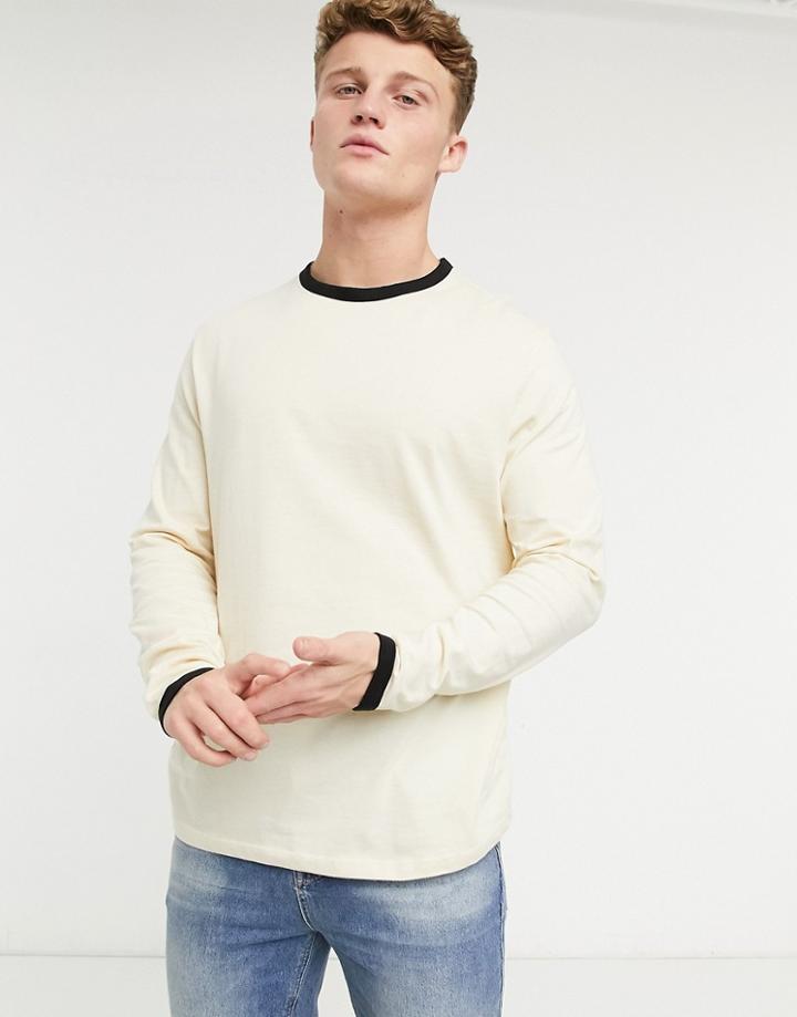 Asos Design Organic Long Sleeve T-shirt With Ringer In Beige With Black Binding