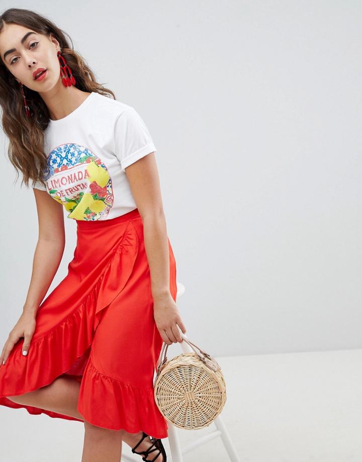 New Look Ruffle Wrap Midi Skirt - Red