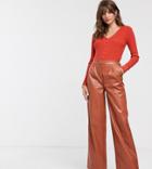 Glamorous Wide Leg Pants In Soft Faux Leather-brown
