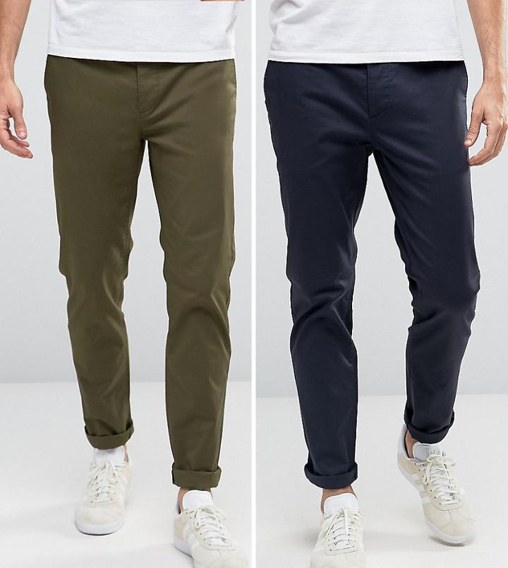 Asos 2 Pack Slim Chinos In Khaki & Navy Save - Multi