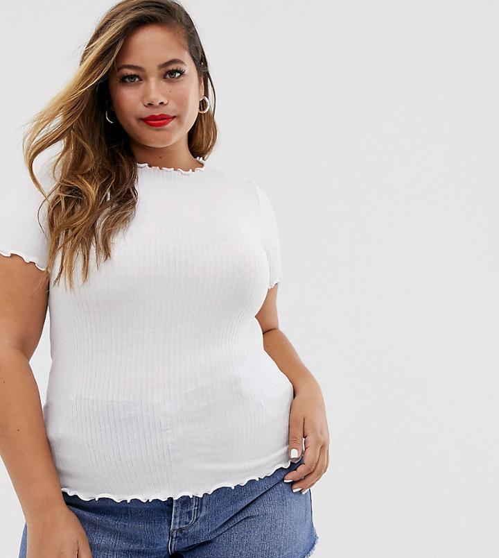 New Look Curve Rib Lettuce Edge Tee In White - White