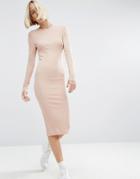 Asos Midi Body-conscious Dress In Rib With Long Sleeves - Pink