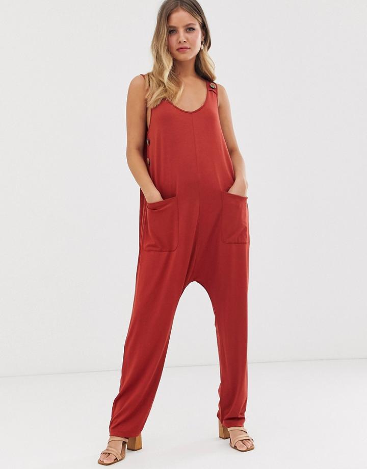 Asos Design Minimal Jumpsuit With Pockets And Side Button Detail-pink