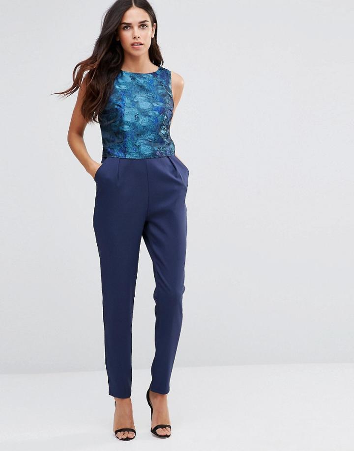 Little Mistress Sleeveless Jumpsuit With Metallic Jacquard Top - Black