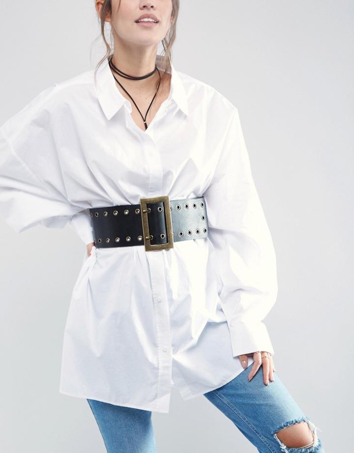Asos Wide Rectangle Buckle Waist Belt With Eyelets - Black