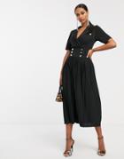 Asos Design Midi Button Detail Shirt Dress With Pleated Skirt-black
