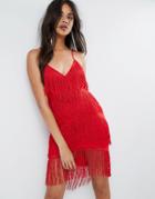 Asos Fringe Mesh Strappy Mini Bodycon Dress - Red