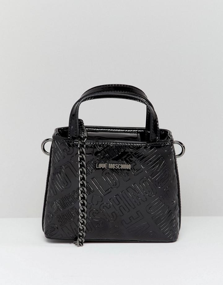 Love Moschino Metallic Embossed Logo Handle Bag With Strap - Black