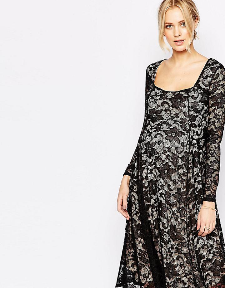 Club L Maternity Lace Panel Midi Swing Dress - Black