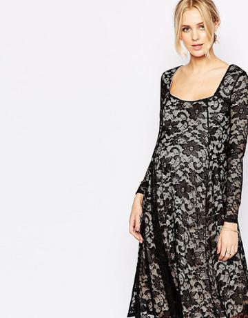 Club L Maternity Lace Panel Midi Swing Dress - Black